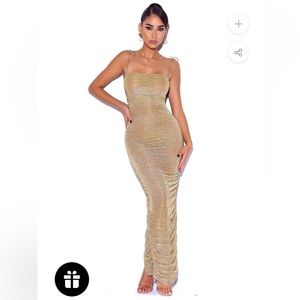 Miss Circle The Glint Gold Ruched Chiffon Long Maxi Dress